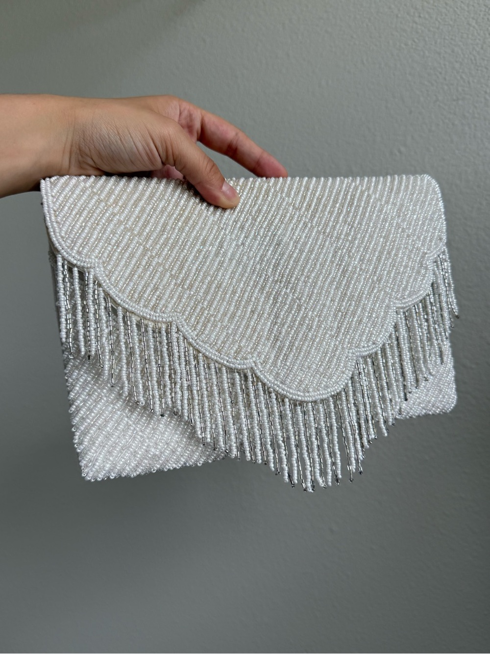 Y2K Beaded Fringe Envelope Clutch White Silver Metallic Chain Crossbody Bag